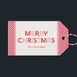 Retro Merry Christmas Custom Gift Tags Geschenkanhänger<br><div class="desc">Ein doppelseitiges Retro-Design,  das Mitte des Jahrhunderts in modernem Stil mit rosa und roten kantigen Streifen gestaltet wurde. Dieses Design kann mit Ihrem Familiennamen oder einer benutzerdefinierten Nachricht personalisiert werden.</div>