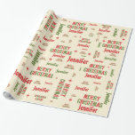 Retro Merry Christmas Jennifer Personalisiert Name Geschenkpapier<br><div class="desc">Personalisiert Retro Mitteljahrhundert Moderne Briefe Frohe Weihnachten Nahtlose Muster mit dem Namen Jennifer. Niedliches Typografie-Design mit nostalgischer,  lustiger 50er-Atmosphäre und moderner Ästhetik. In Weihnachten rot,  olivgrün und creme.</div>