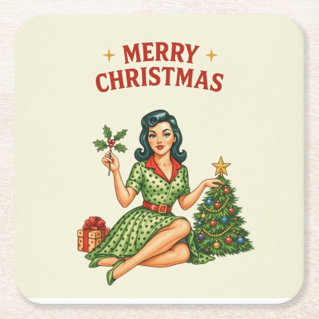 Retro Merry Christmas Pin-Up Paper Coaster Rechteckiger Pappuntersetzer (Vorderseite)