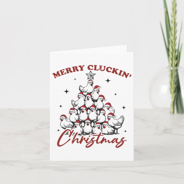 Retro Merry Cluckin Weihnachtsbaumfarm an Karte (Vorderseite)