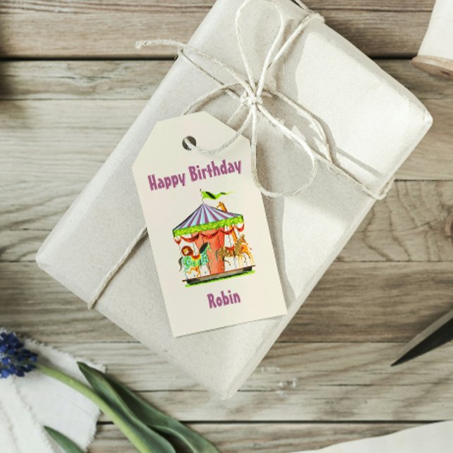 Retro Merry-Go-Round Child Name Happy Birthday Geschenkanhänger (Von Creator hochgeladen)