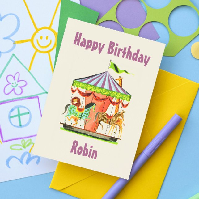 Retro Merry-Go-Round Child Name Happy Birthday Postkarte (Von Creator hochgeladen)