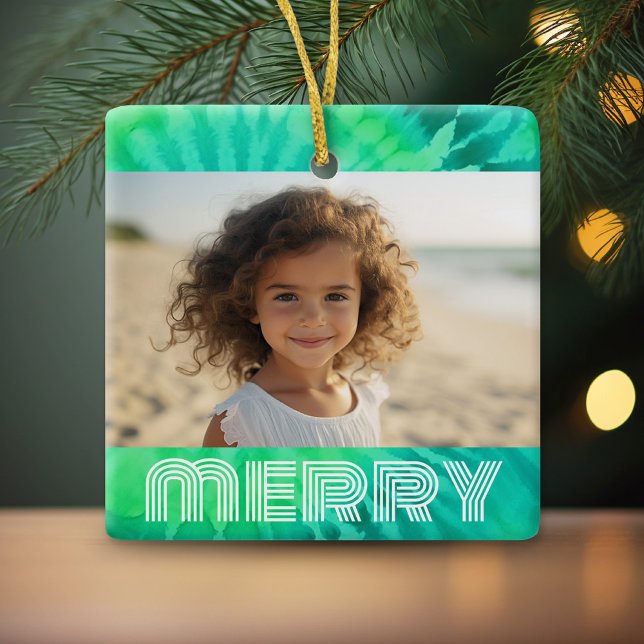 Retro MERRY - Krawatte-Dye Aquamarin - Foto - 70er Keramikornament (Personalized photo ornament)