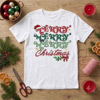 Retro Merry Merry Merry Christmas Groovy Typograph Tri-Blend Shirt