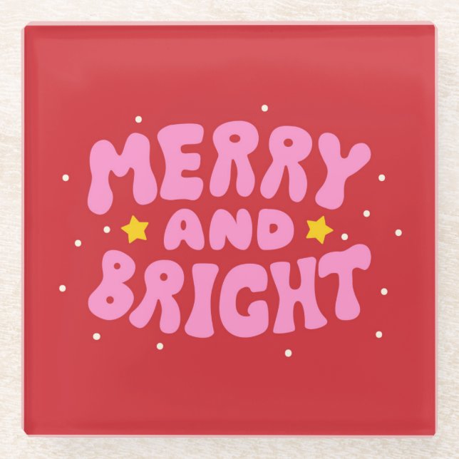 Retro Merry und Bright Holiday Design Glasuntersetzer (Vorderseite)