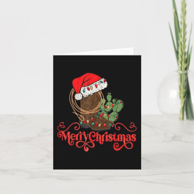 Retro Merry Xmas Weihnachtsmannmütze Cowboy Boots  Karte (Vorderseite)