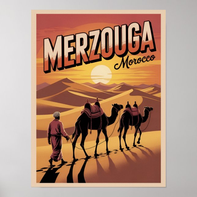 Retro Merzouga Sahara Kamelritt Marokko Reise gi Poster (Vorne)