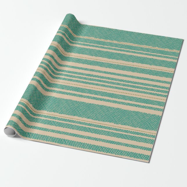 Retro Mesh Streifen in Türkis und Olive auf Beige Geschenkpapier (Ungerollt)