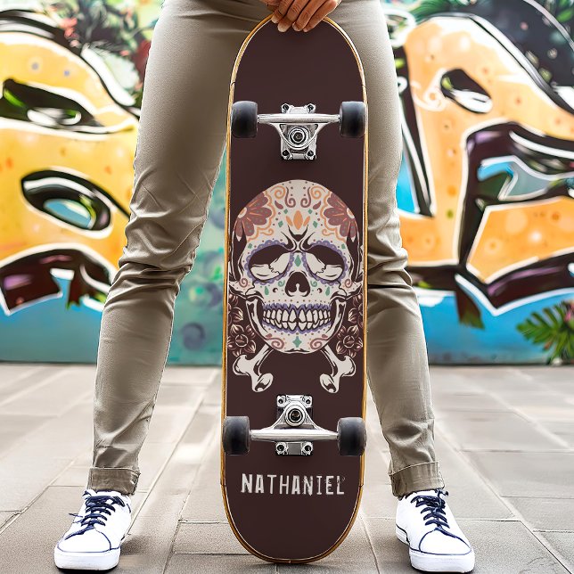 Retro Mexican Sugar Skull Individuelle Name Skateboard (Von Creator hochgeladen)