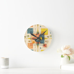 Retro-Mid-Century-Atom-Geometrisches Muster Runde Wanduhr
