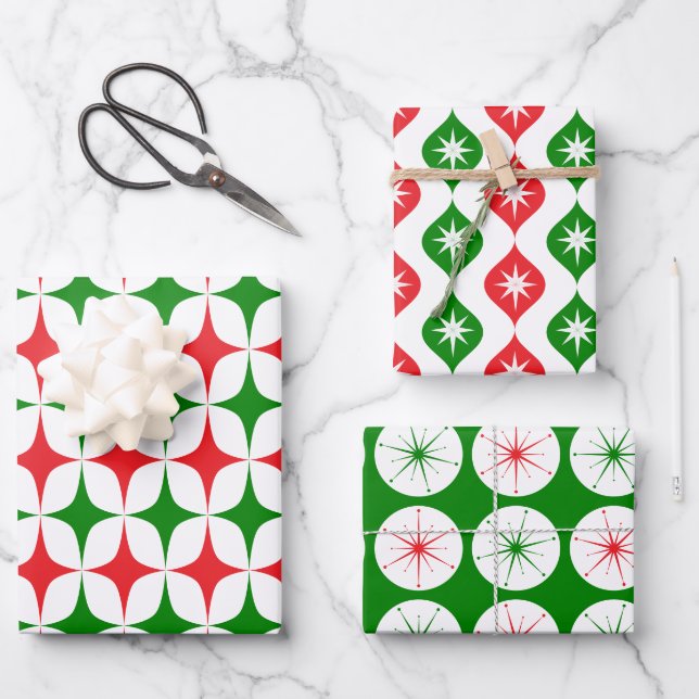 Retro Mid Century Christmas Starburst Holiday Geschenkpapier Set (Vorderseite)