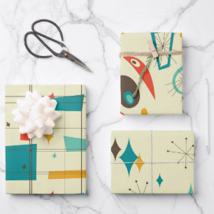 Retro Mid Century Mod Atome Age Aquamarin Red Geschenkpapier Set
