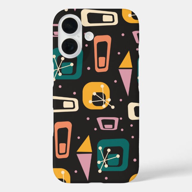 Retro Mid Century Mod Atomspace Age Black iPhone 16 Hülle (Rückseite)