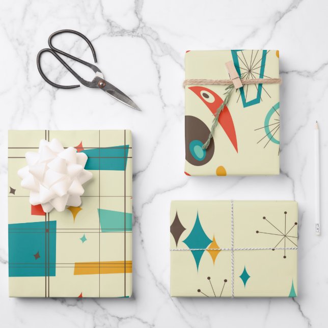 Retro Mid Century Mod Atomzeitalter Aquamarin Red Geschenkpapier Set (Vorderseite)