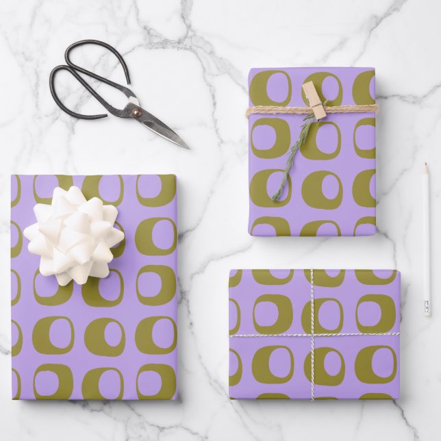 Retro Mid Century Mod Pattern Olive and Lavender Geschenkpapier Set (Vorderseite)