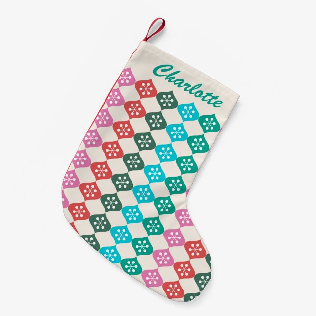 Retro-Mid-Mod-Atom-Muster farbenfroh personalisier Kleiner Weihnachtsstrumpf (Vorderansicht (hängend))