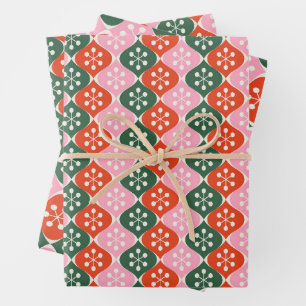 Retro-Mid-Mod-Atom-Muster Rosa Grün Weihnachten Geschenkpapier Set