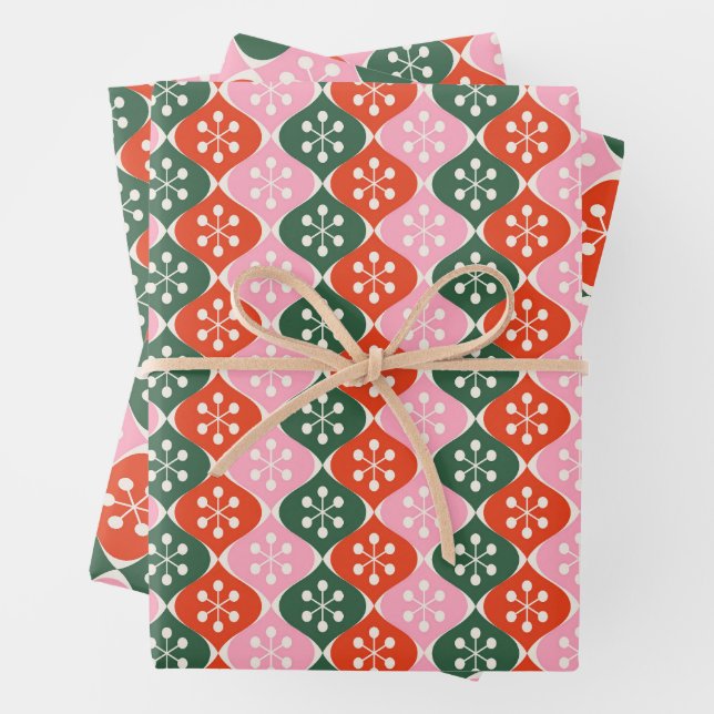 Retro-Mid-Mod-Atom-Muster Rosa Grün Weihnachten Geschenkpapier Set (Beispiel)
