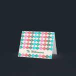 Retro Mid Mod Atomic Pattern farbenfroh Personalis Feiertagskarte<br><div class="desc">Retro Vintager Stil Mitte des Jahrhunderts moderne atomare Muster in grün, rot und rosa, personalisiert mit Ihrem Namen.</div>