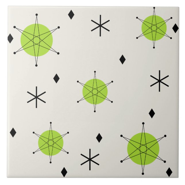 Retro Mid Mod Starburst Himmel Chartreuse Fliese (Vorderseite)