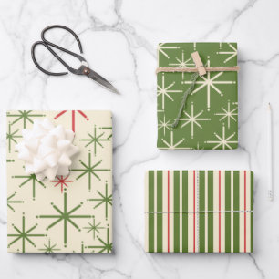 Retro Mid Mod Weihnachten Muster Olive Red Cream Geschenkpapier Set