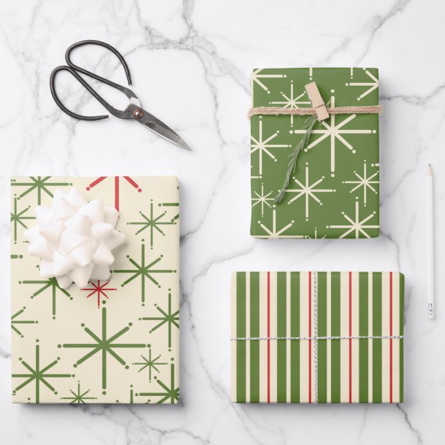 Retro Mid Mod Weihnachten Muster Olive Red Cream Geschenkpapier Set (Vorderseite)