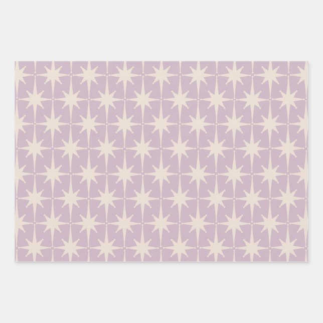 Retro Midjahrhundert 50er Star Pattern in Lilac Geschenkpapier Set (Vorderseite 2)