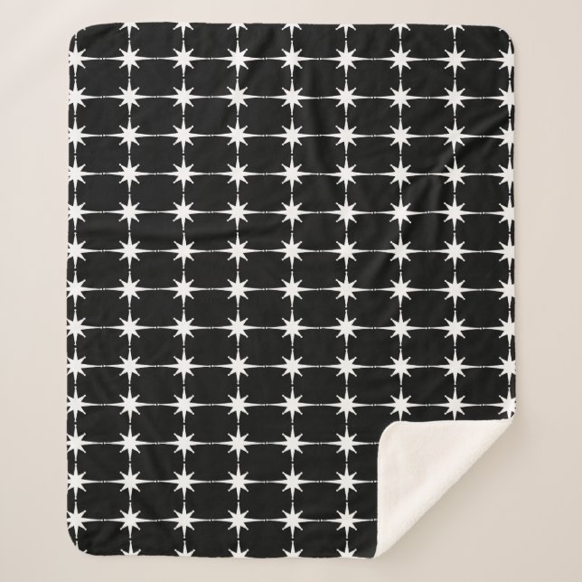 Retro Midjahrhundert Modernes Star Pattern Schwarz Sherpadecke (Vorderseite)