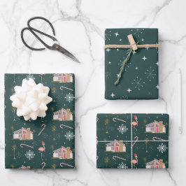 Retro Midjahrhundert Pink House Weihnachtsmuster Geschenkpapier Set