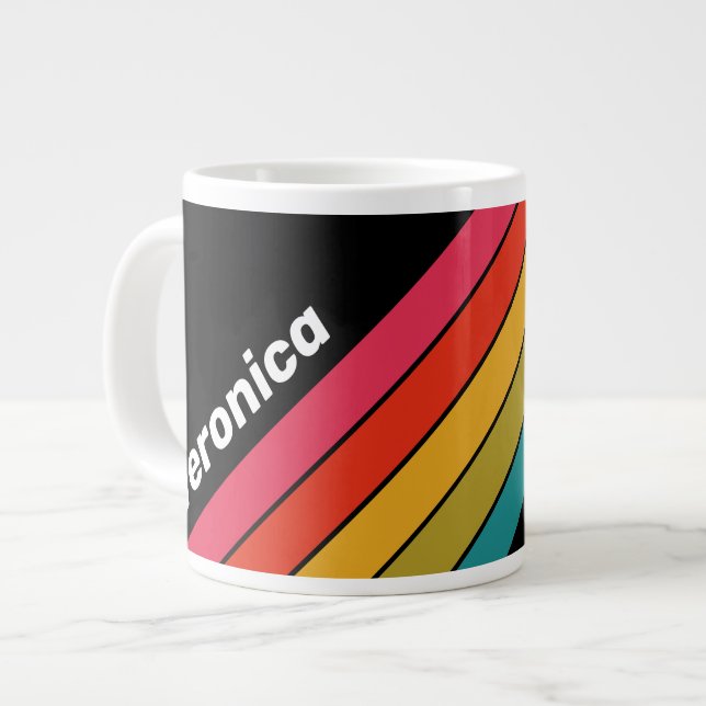 Retro Midnight Rainbow Striped with Name Jumbo-Tasse (Vorderseite Links)