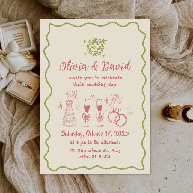 Retro minimalistische handgezeichnete rosa, grüne  einladung (Von Creator hochgeladen)