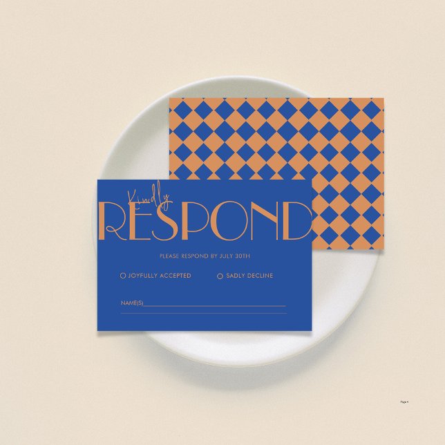 Retro Minimalistisches Prüfmuster Blaue Hochzeit RSVP Karte (Von Creator hochgeladen)