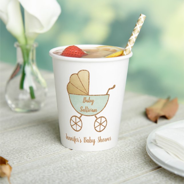 Retro Mint Green Carriage Baby Dusche Pappbecher (In Situ)