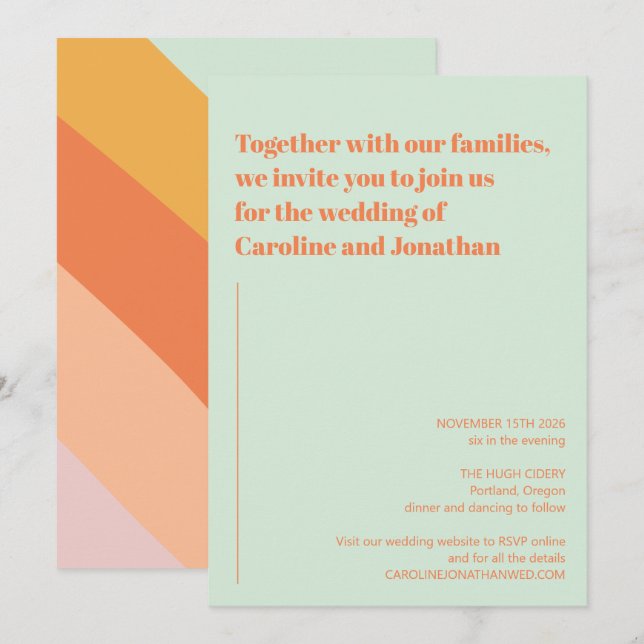 Retro Mint Green Orange Abstrakt Stripes Wedding Einladung (Vorne/Hinten)