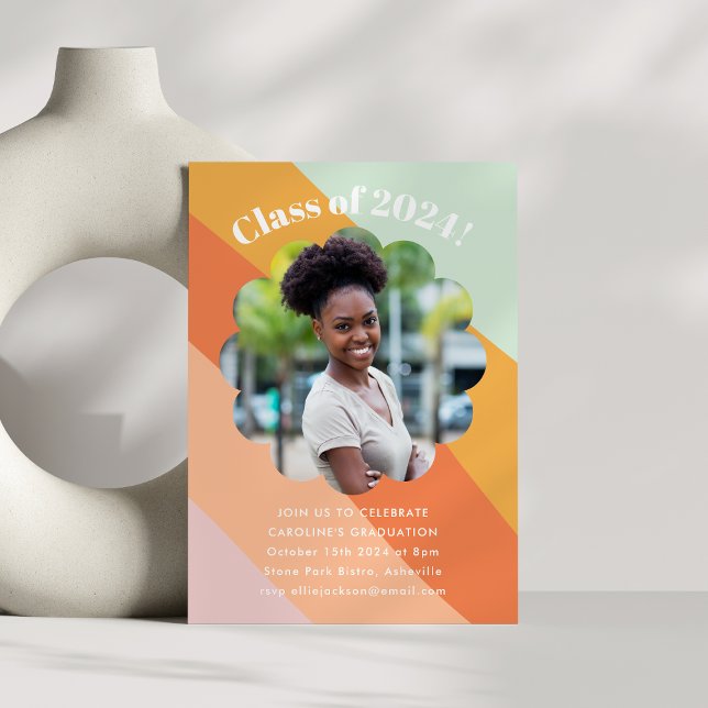 Retro Mint Orange Stripes Foto Graduation Party Einladung (Von Creator hochgeladen)