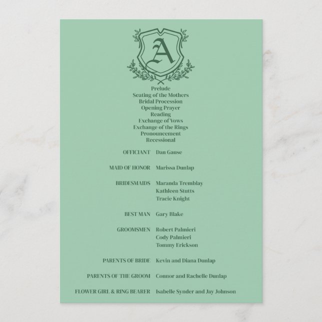 Retro-Minze-Leaf- und Floral-Monogramm-Hochzeit Programm (Vorderseite)