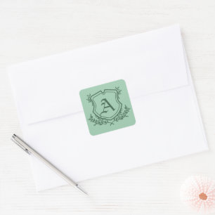 Retro-Minze-Leaf- und Floral-Monogramm-Hochzeit Quadratischer Aufkleber