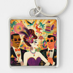 Retro-Mitte-des-Jahrhunderts Mardi-Gras-Cocktailpa Schlüsselanhänger