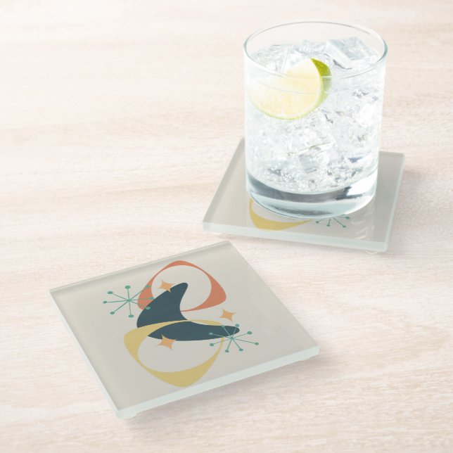 Retro Mitte Jahrhundert Atomkohle Abstrakt Glasuntersetzer (Schrägansicht)