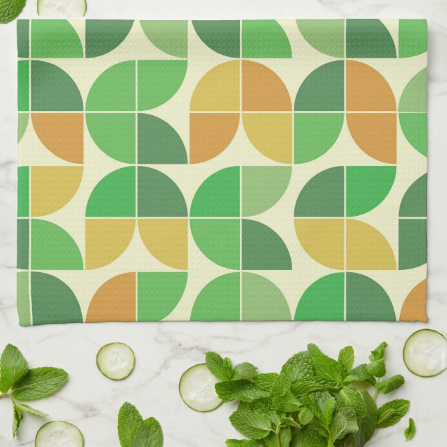 Retro Mitte Jahrhundert Geometrisches Blumengrün Geschirrtuch (Gefaltet)