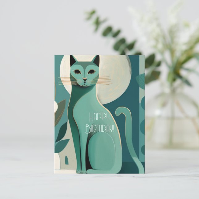 Retro Mitte Jahrhundert Katze Geburtstagskarte Postkarte (Stehend Vorderseite)