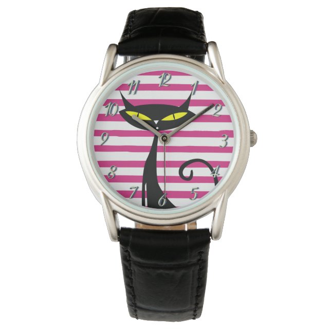 Retro Mitte Jahrhundert Moderne MCM schwarze Katze Armbanduhr (Vorderseite)