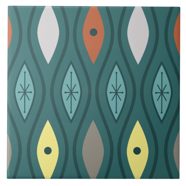 Retro Mitte Jahrhundert Moderne Wavy Lines Aquamar Fliese (Vorderseite)