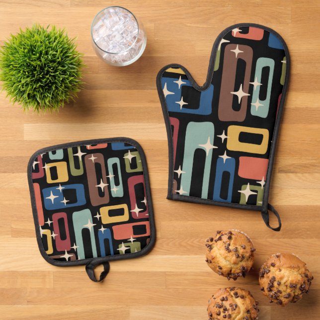 Retro Mitte Jahrhundert Modernes Abstrakt Ofenhandschuh & Topflappen-Set (Oben Unten)