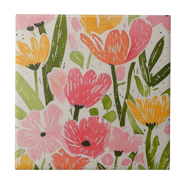 Retro Mitte Jahrhundert Modernes Blumendesign Fliese (Vorderseite)