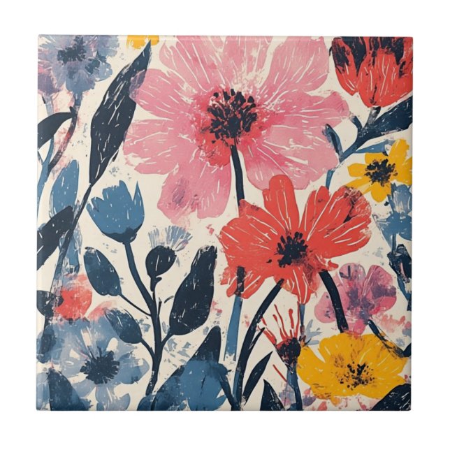 Retro Mitte Jahrhundert Modernes Blumendesign Fliese (Vorderseite)