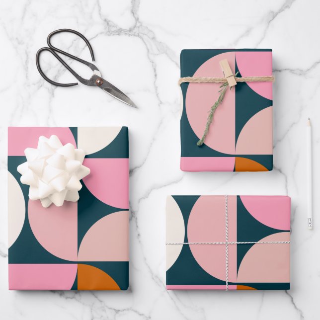 Retro Mitte Jahrhundert Modernes Muster Blau Rosa Geschenkpapier Set (Vorderseite)