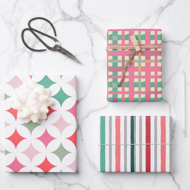 Retro Mitte Jahrhundert rosa grünes Muster Geschenkpapier Set (Vorderseite)