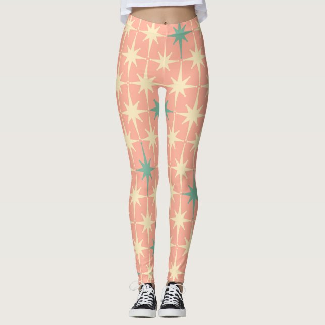 Retro Mittelalter Moderne Sterne Muster rot Rosa Leggings (Vorderseite)