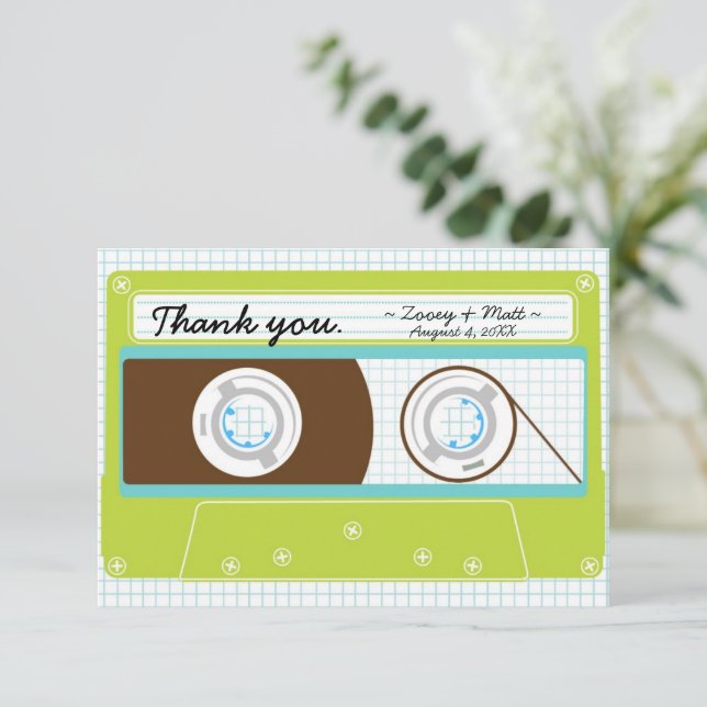 Retro Mixtape Wedding Blue und Limon Dankeskarte (Stehend Vorderseite)